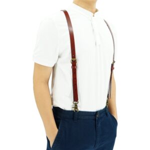 Lawevan Men's Reddish Brown Shiny Genuine Leather Suspenders, Steampunk Style Y back Adjustable Belt Loop, 3 Snap Hooks