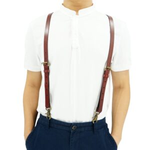 Lawevan Men's Reddish Brown Shiny Genuine Leather Suspenders, Steampunk Style Y back Adjustable Belt Loop, 3 Snap Hooks