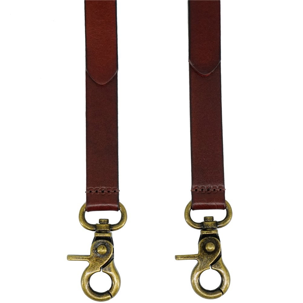 Lawevan Men's Reddish Brown Shiny Genuine Leather Suspenders, Steampunk Style Y back Adjustable Belt Loop, 3 Snap Hooks