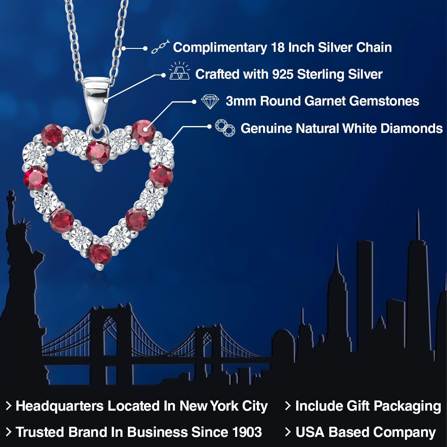 Gem Stone King 925 Sterling Silver Red Garnet and White Diamond Heart Shape Pendant Necklace For Women | 1.20 Cttw | Gemstone Birthstone | with 18 Inch Silver Chain