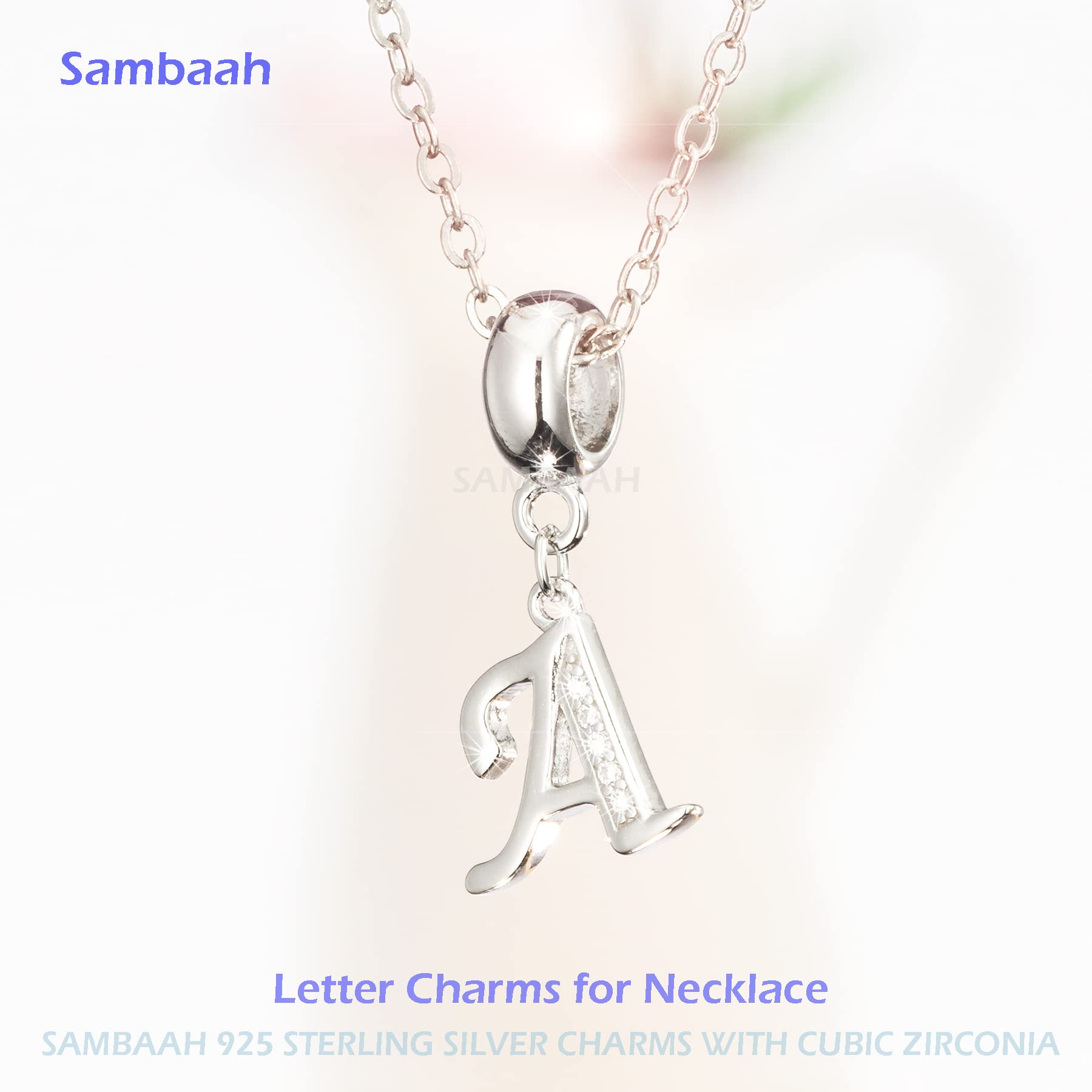 Sambaah Alphabet Charm Letter Beads Solid 925 Sterling Silver with Cubic Stones, Complete A~Z Gift Options fit Pandora European Bracelets(A)