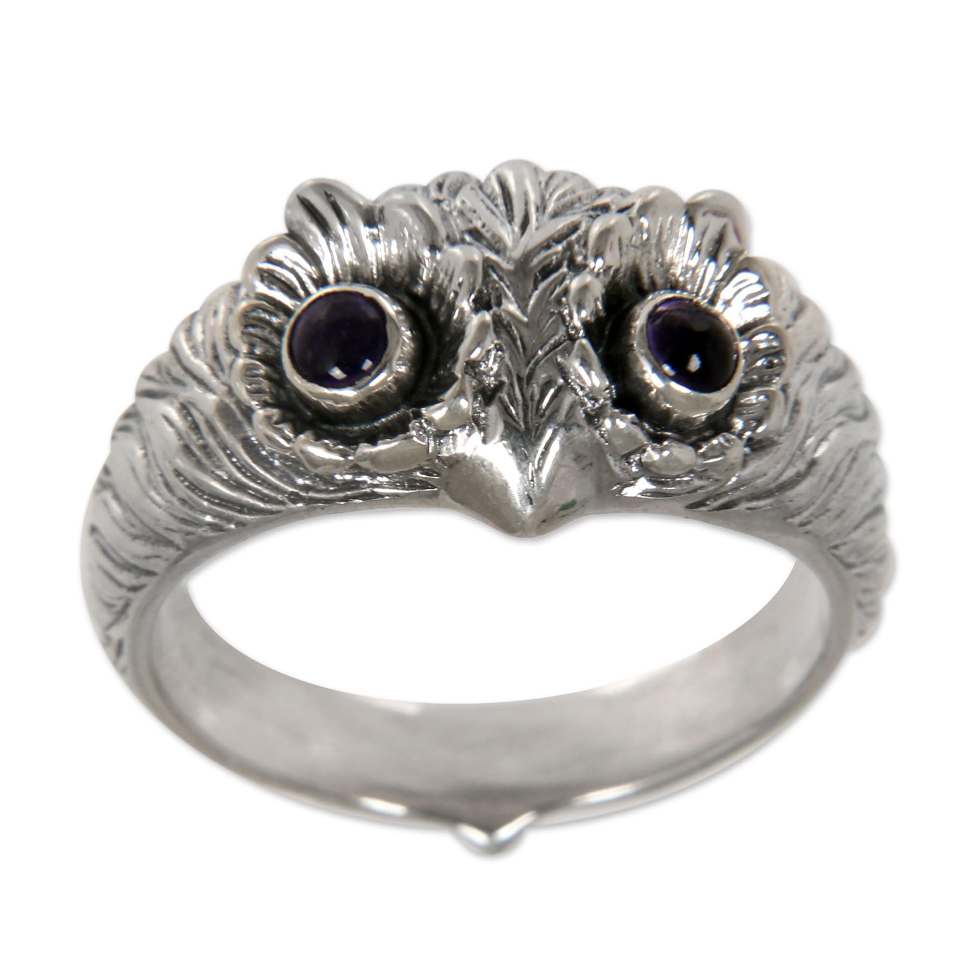 NOVICA Artisan Handmade Amethyst Ring .925 Sterling Silver Bird Purple Band Indonesia Animal Themed Good Fortune Birthstone 'Owl Wisdom'