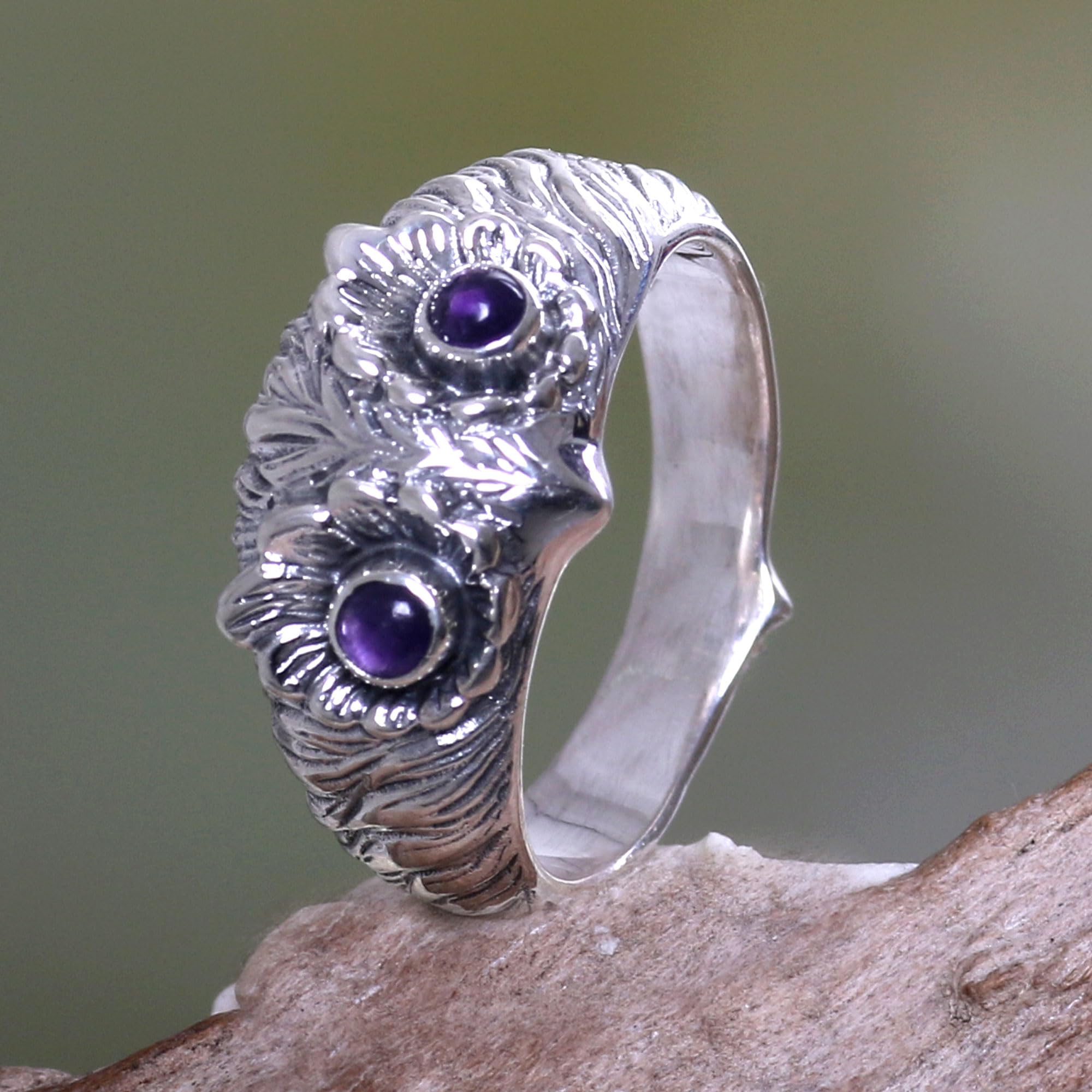 NOVICA Artisan Handmade Amethyst Ring .925 Sterling Silver Bird Purple Band Indonesia Animal Themed Good Fortune Birthstone 'Owl Wisdom'