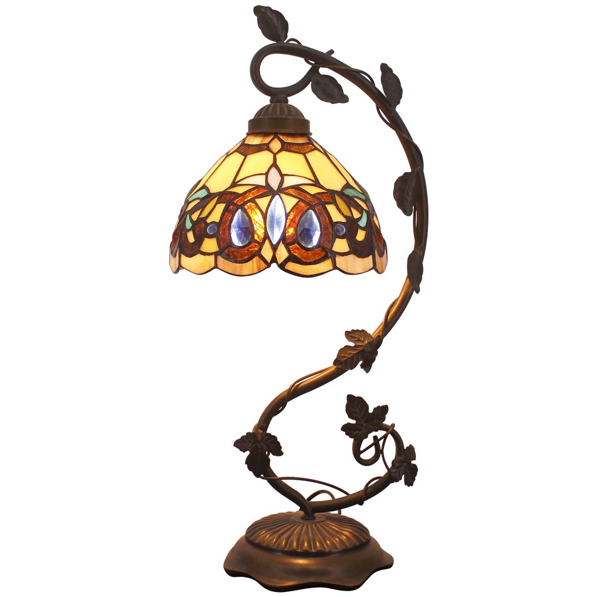 WERFACTORY Tiffany Table Lamp Stained Glass Victorian Table Lamp, Metal Leaf Base 8X10X21 Inches Desk Reading Light Decor Small Space Bedroom Home Office S021 Series