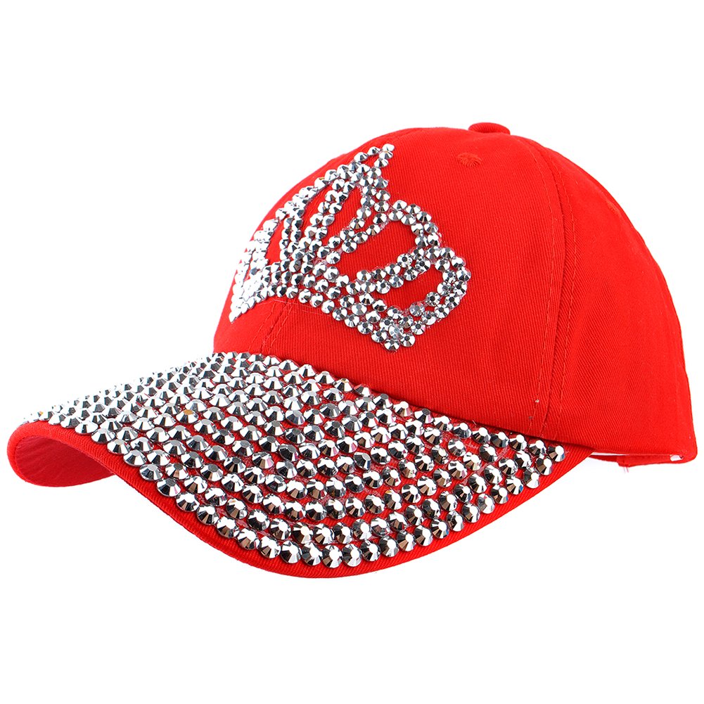 Elonmo Bling Hats, Crown Design Cotton Rhinestone Womens Baseball Cap Golf Hat Jeans Wash Denim Adjustable (Red)