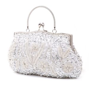 LIFEWISH Women's Evening Bag Beaded Sequin Design Metal Frame Kissing Lock Satin Interior Evening Clutch