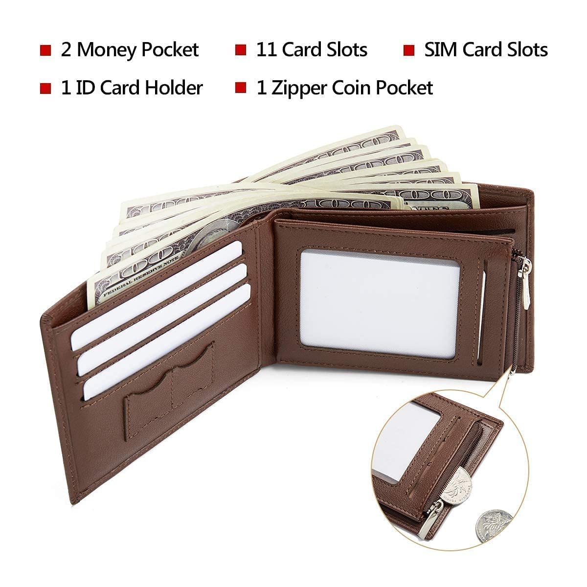 LAORENTOU Genuine Leather Wallets for Men Short Billfold Wallet with Zipper Pocket Mens Clutch Wallet Purses Credit Card Holders Gift for Father Day (01 Brown)