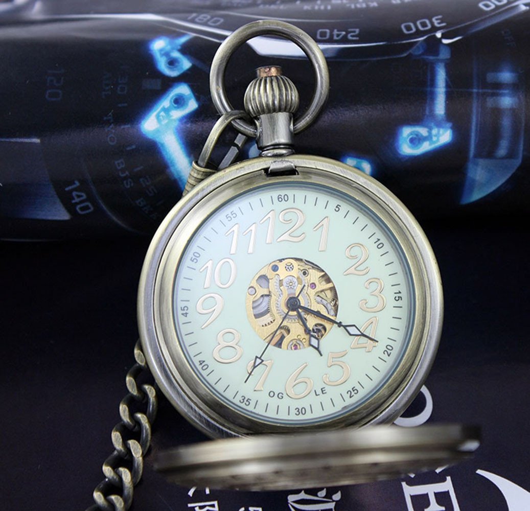 OGLE Waterproof Bronze Train Chain Large Digital Noctilucence Fob Self Winding Automatic Skeleton Mechanical Pocket Watch