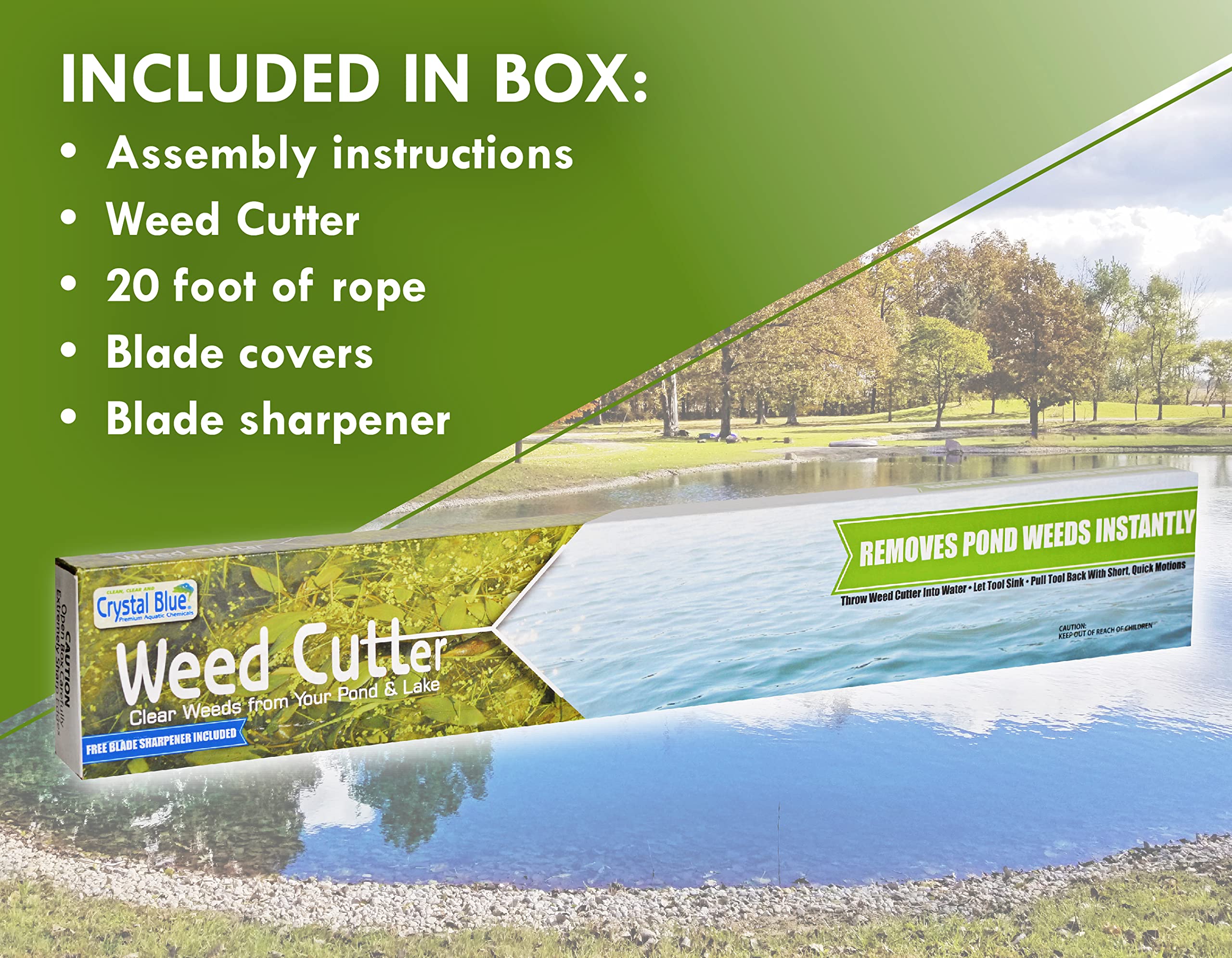 Crystal Blue Pond & Lake Weed Cutter - 42 inch Wide Cutting Path, Includes 20 Foot Rope, Blade Sharpener & Safety Gloves - Remove Common Pond Weeds, Chara, Lilly Pads, Small Leaf & More