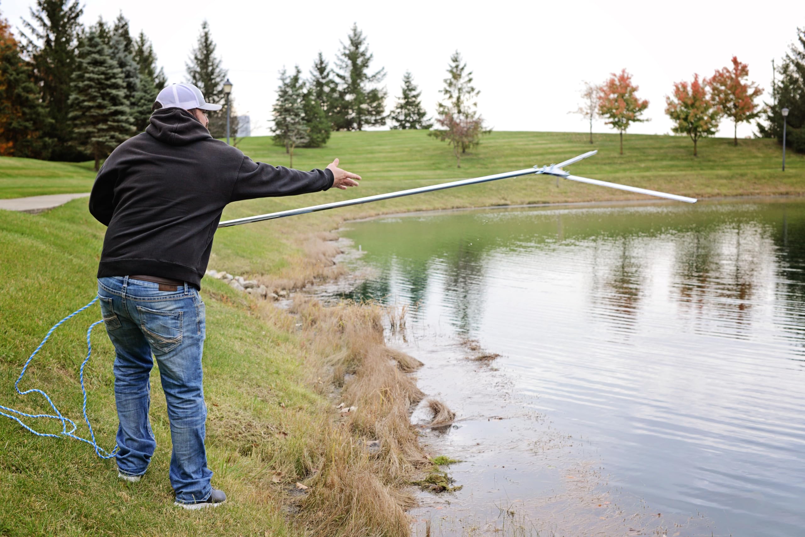 Crystal Blue Pond & Lake Weed Cutter - 42 inch Wide Cutting Path, Includes 20 Foot Rope, Blade Sharpener & Safety Gloves - Remove Common Pond Weeds, Chara, Lilly Pads, Small Leaf & More