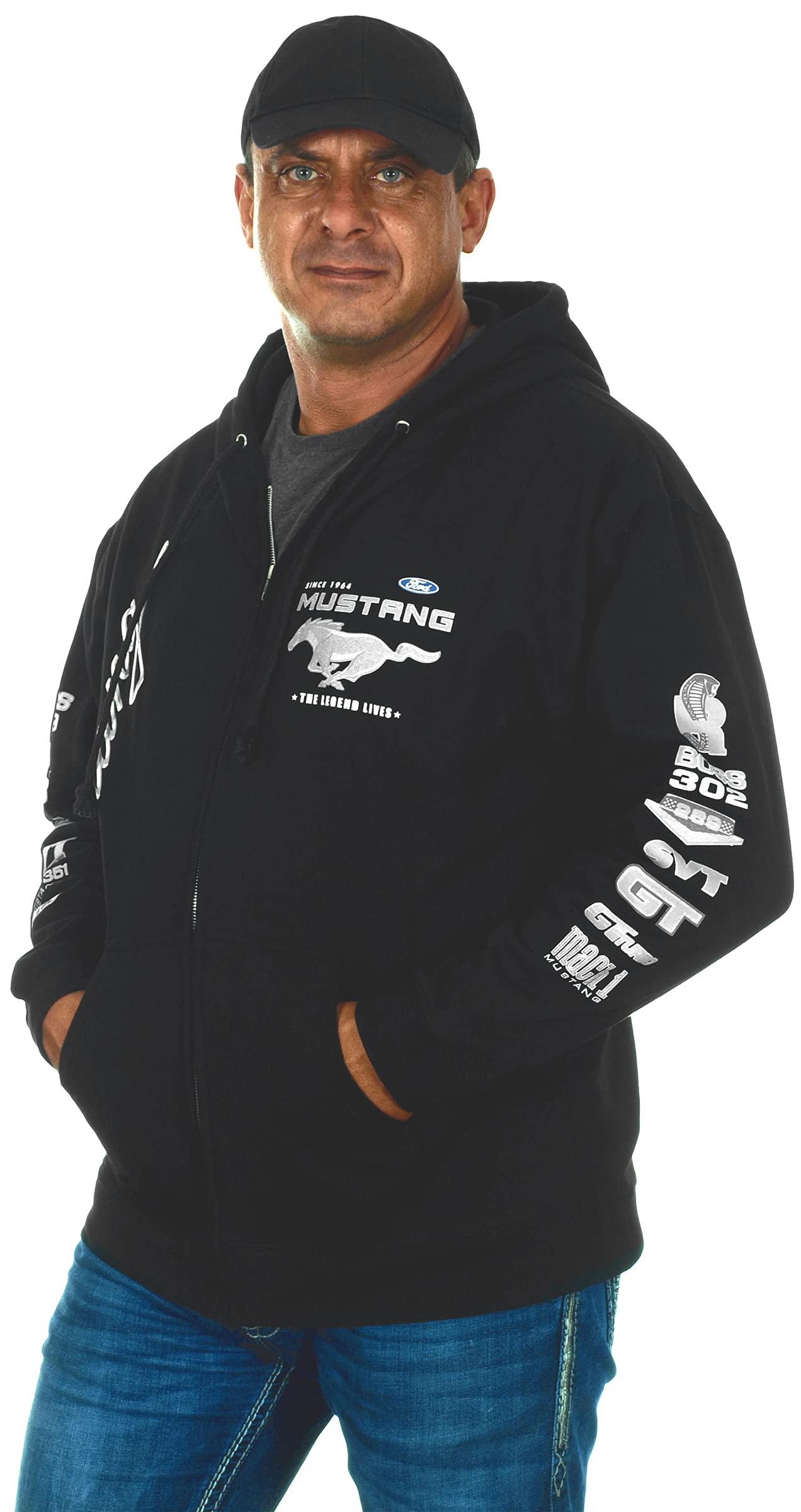 JH DESIGN GROUP Men's Ford Mustang Collage Black Zip Up Hoodie Sweatshirt (Large, CLG2-black)