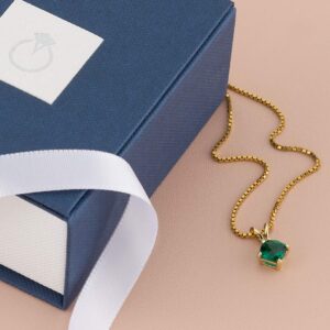 PEORA 14K Yellow Gold Created Emerald Pendant for Women, Classic Solitaire, 0.75 Carat, Cushion Cut, 6mm, AAA Grade