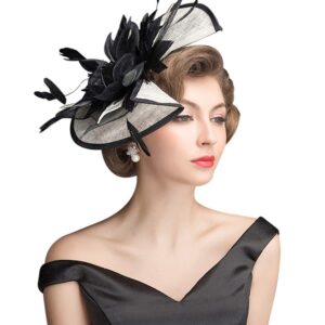 Z&X Sinamay Fasciantor Derby Church Hats for Women Floral Feather Wedding Tea Party Headpiece with Headband Clip Black and White