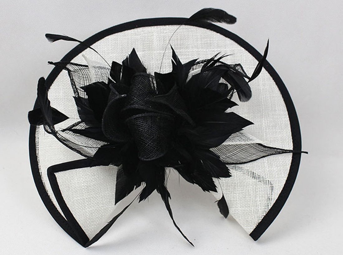 Z&X Sinamay Fasciantor Derby Church Hats for Women Floral Feather Wedding Tea Party Headpiece with Headband Clip Black and White