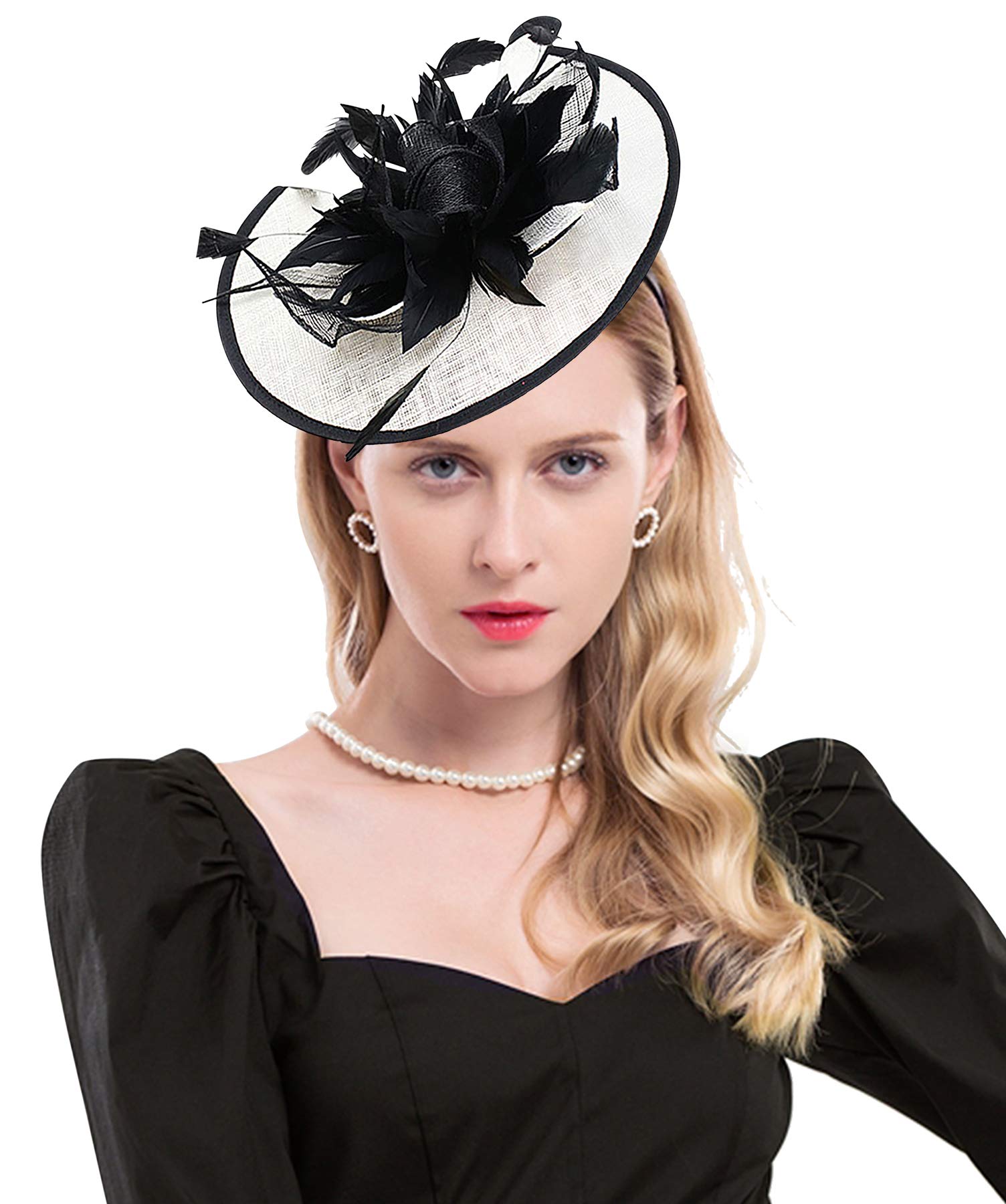 Z&X Sinamay Fasciantor Derby Church Hats for Women Floral Feather Wedding Tea Party Headpiece with Headband Clip Black and White