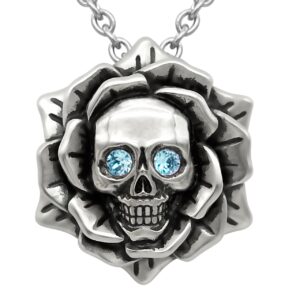 Skull Rose Birthstone Necklace With Crystal 17" - 19" Adjustable Chain (03-March – Blue)