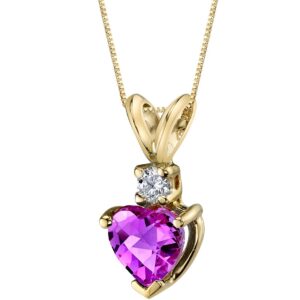 peora created pink sapphire with genuine diamond pendant in 14 karat yellow gold, heart shape solitaire, 6mm, 1.15 carats total