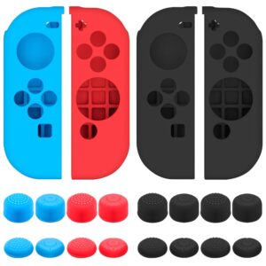 Protective Case Compatible with Nintendo Switch Joy-Con Controller with Thumb Caps, SENHAI 2 Pack Anti-Slip Silicone Grips Covers with 16 Thumb Stick Pads - Black, Blue + Red