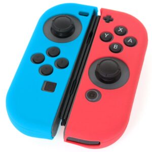 Protective Case Compatible with Nintendo Switch Joy-Con Controller with Thumb Caps, SENHAI 2 Pack Anti-Slip Silicone Grips Covers with 16 Thumb Stick Pads - Black, Blue + Red