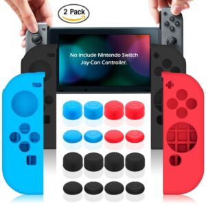 Protective Case Compatible with Nintendo Switch Joy-Con Controller with Thumb Caps, SENHAI 2 Pack Anti-Slip Silicone Grips Covers with 16 Thumb Stick Pads - Black, Blue + Red