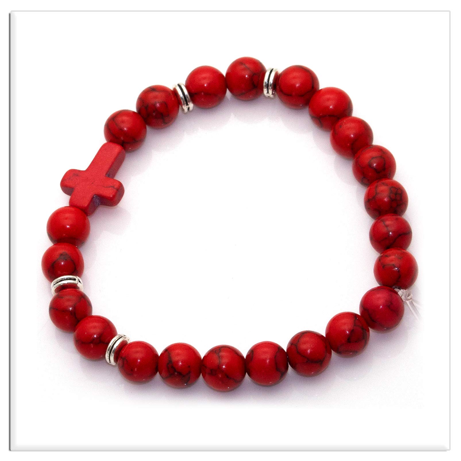 Xusamss Fashion 8MM Matte Agate Beads Bracelet Cross Elastic Bracelet(Red Turquoise)