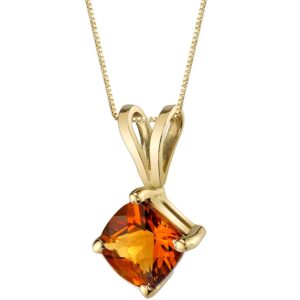 peora 14k yellow gold 1 carat citrine pendant for women, genuine gemstone birthstone classic solitaire, aaa grade cushion cut 6mm