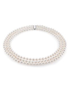 the pearl source 14k gold 7.0-7.5mm round genuine white triple japanese akoya saltwater cultured pearl necklace in 17-18-19" length for women