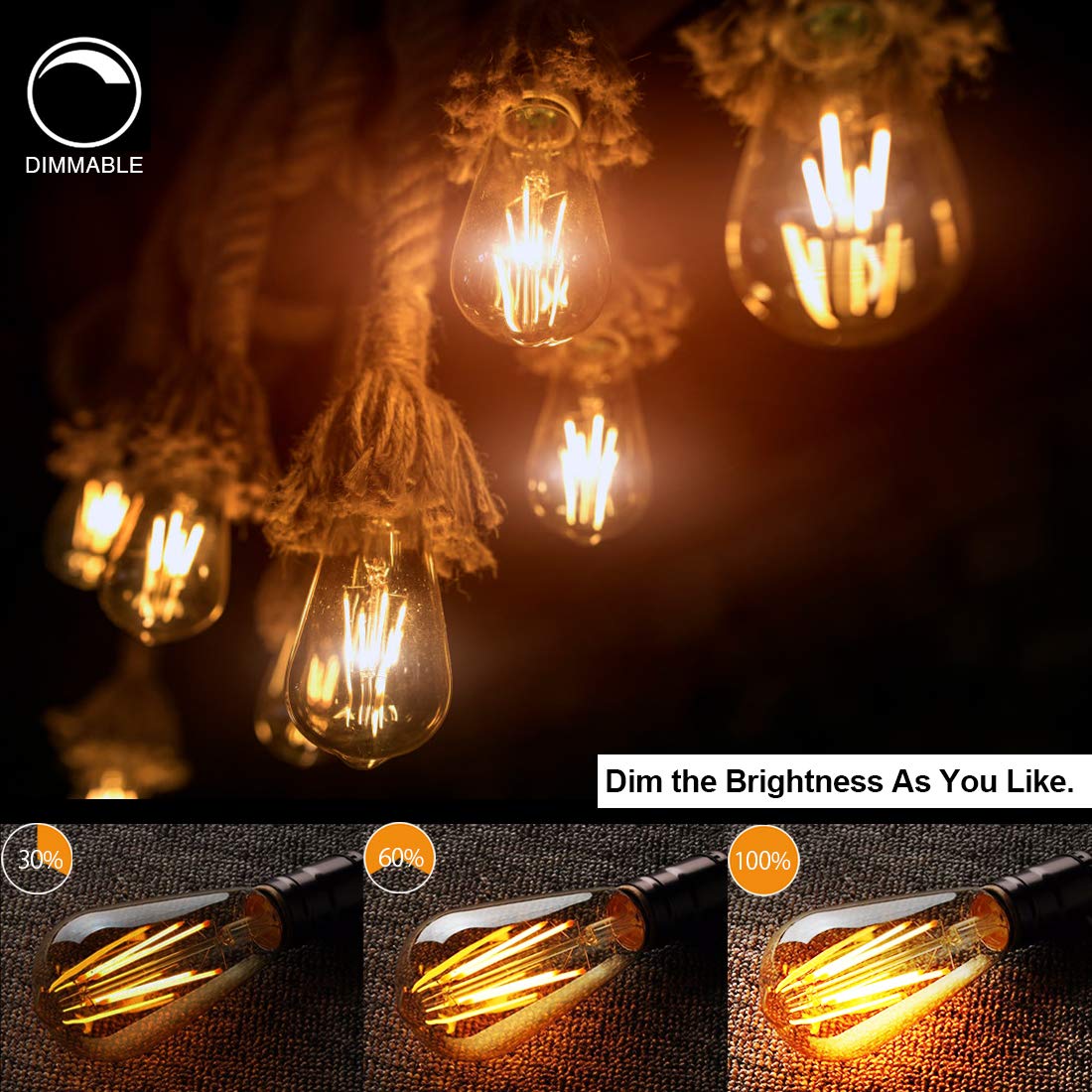 LUXON LED Edison Bulbs Dimmable Amber Glass Warm 2700K Antique Vintage Style Filament Light Bulbs 40W Equivalent E26 Base 6-Pack