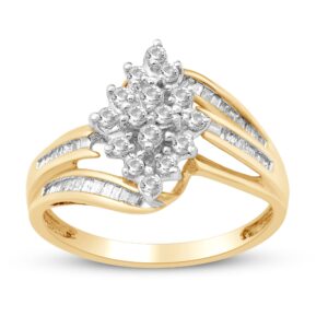 jewelili 10k yellow gold cluster ring with natural white round and baguette diamonds, 1/2 cttw, size 7