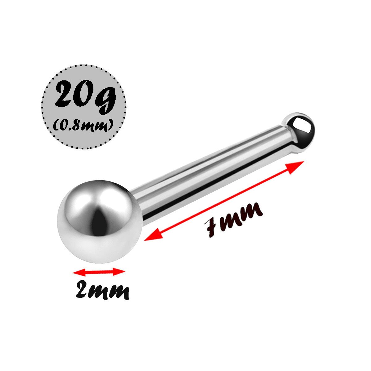 bodyjewellery 3pcs 20g 0.8mm Nose Stud Bone Straight Bar Nostril Ring Surgical Stainless Steel 2mm Ball