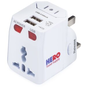 hero universal travel adapter (2 usb ports) – power plug for us europe france uk ireland thailand nz australia 100+ countries