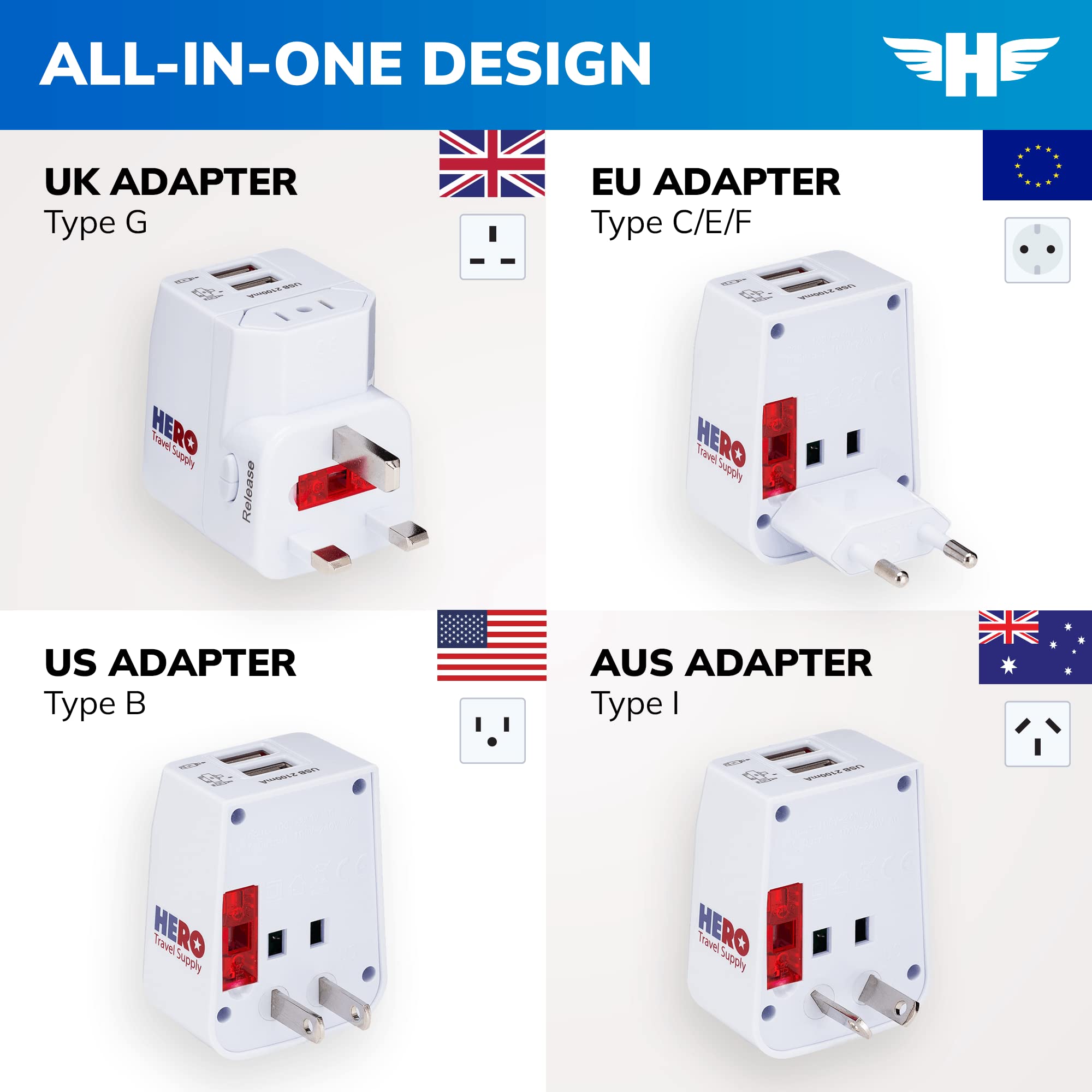 Hero Universal Travel Adapter (2 USB Ports) – Power Plug for US Europe France UK Ireland Thailand NZ Australia 100+ Countries