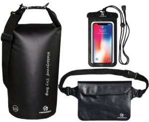 freegrace waterproof dry bags set of 3 dry bag with 2 zip lock seals & detachable shoulder strap, waist pouch & phone case - can be submerged into water - for swimming (black, 10l)