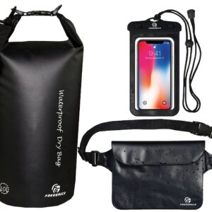 Freegrace Waterproof Dry Bags Set Of 3 Dry Bag With 2 Zip Lock Seals & Detachable Shoulder Strap, Waist Pouch & Phone Case - Can Be Submerged Into Water - For Swimming (Black, 10L)