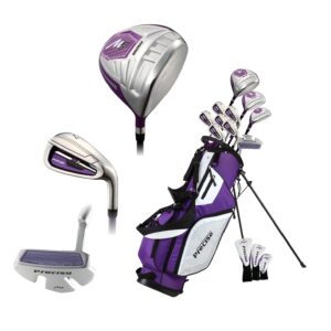 Precise M5 Ladies Womens Complete Right Handed Golf Clubs Set Includes Titanium Driver, S.S. Fairway, S.S. Hybrid, S.S. 5-PW Irons, Putter, Stand Bag, 3 H/C's Purple (Right Hand Petite Size -1")