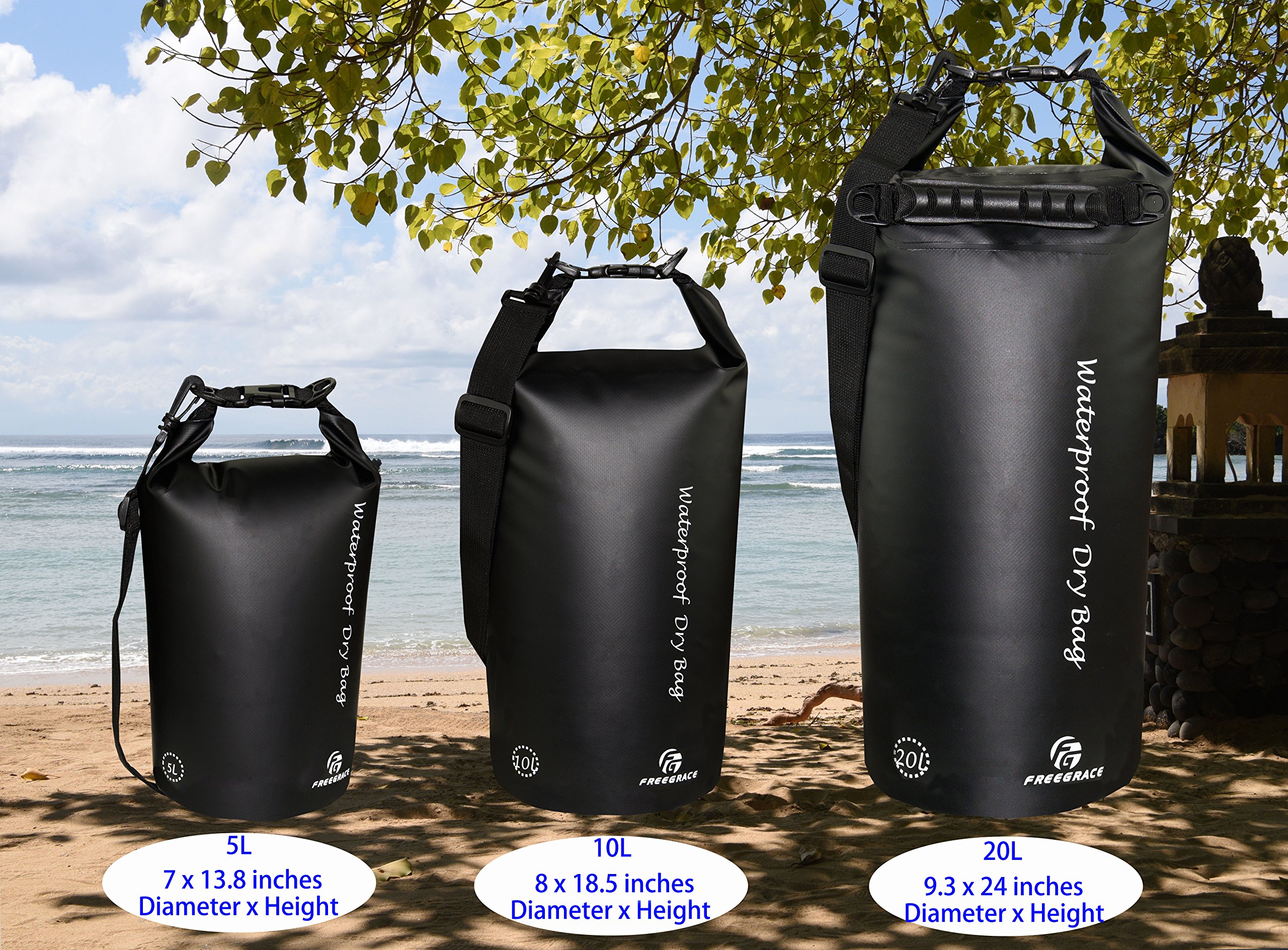 Freegrace Waterproof Dry Bags Set Of 3 Dry Bag With 2 Zip Lock Seals & Detachable Shoulder Strap, Waist Pouch & Phone Case - Can Be Submerged Into Water - For Swimming (Black, 10L)