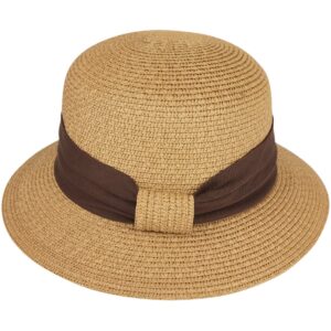 Lanzom Sun Hats for Women Wide Brim Straw Hat Summer Beach Hat Foldable Packable Cap for Travel Outdoor (A-Khaki)