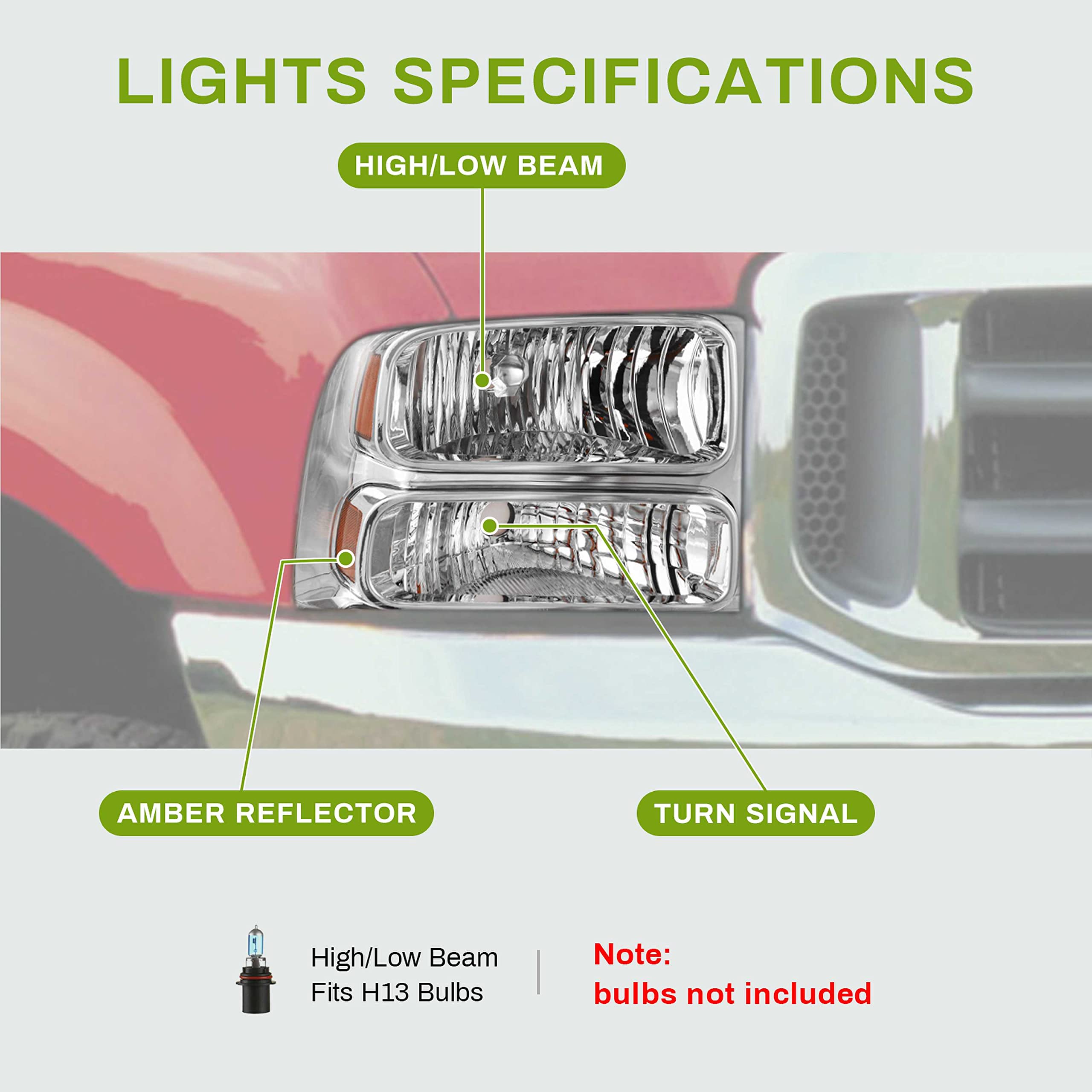 AUTOSAVER88 Headlight Assembly Compatible with 05 06 07 Ford F250 F350 F450 F550 Super Duty/05 Ford Excursion Headlight Assembly OE Projector Headlamp Chrome Housing Clear Lens