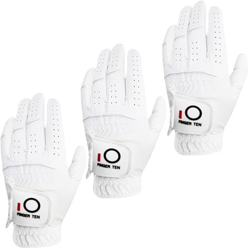 FINGER TEN Golf Gloves Men Left Right Hand Rain Grip Value 3 Pack, All Weather Durable Grip Size Small Medium Large XL White Black Blue Red Brown (White, X-Large, Left)