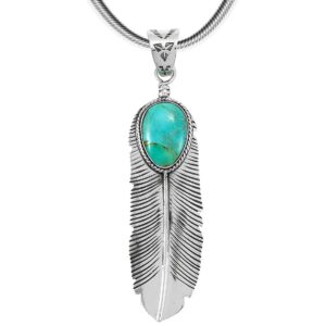 Turquoise Feather Pendant Necklace in Sterling Silver 925 & Genuine Turquoise (20" Length) (Large Turquoise)