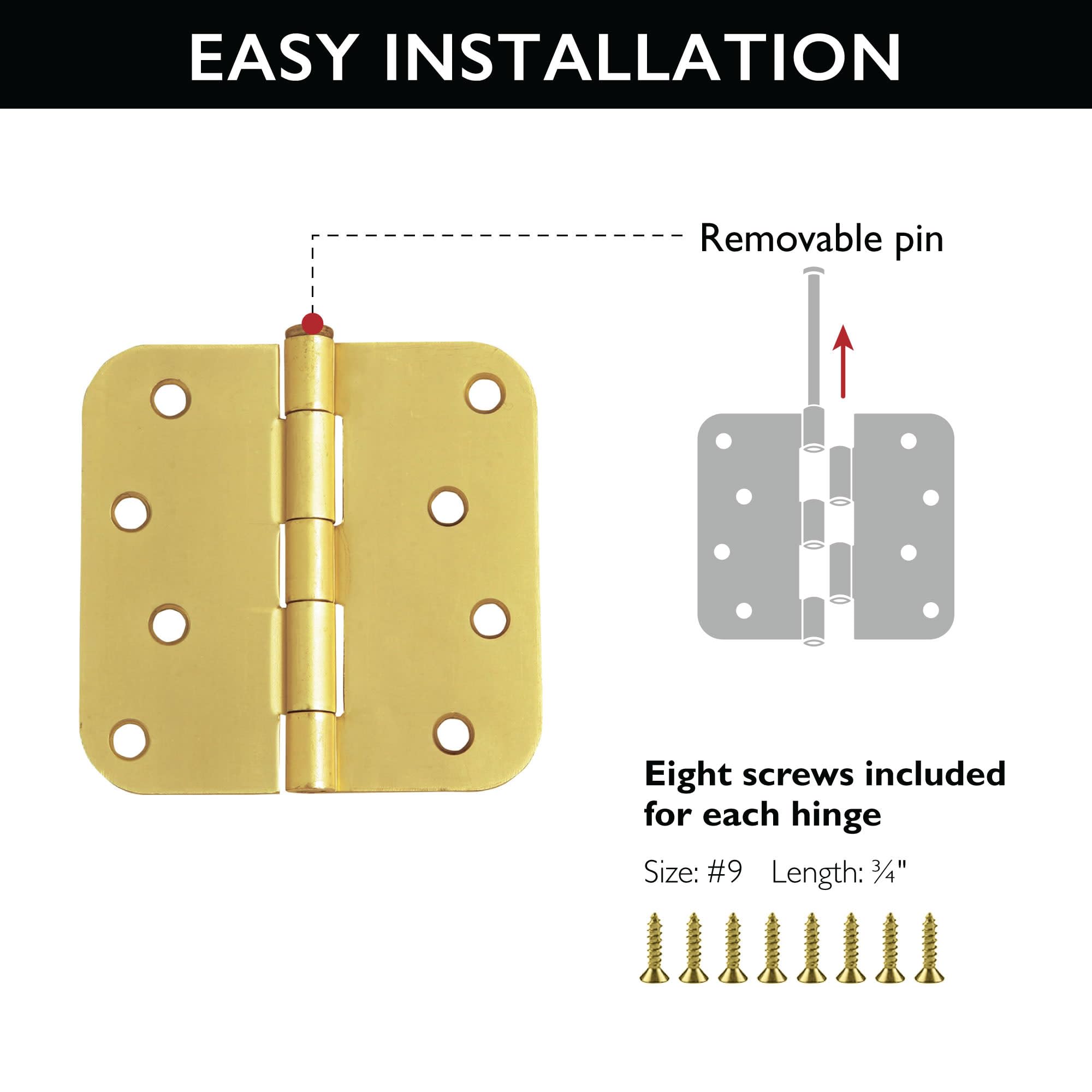 Door Hinges for Interior Doors 3-Pack 4-inch x 4-inch, Design House 5/8-inch Radius Steel Door Hinge Door Hardware, Satin Brass, 181578