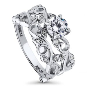 BERRICLE Sterling Silver Leaf Wedding Engagement Rings Cubic Zirconia CZ Solitaire Ring Set for Women, Rhodium Plated Size 7