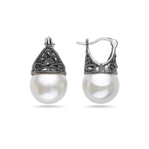 SILVER EMPIRE Fine Jewelry | 925 Sterling Silver Filigree Earrings for Women | Features Marcasite & Colorful Glass Pearls (White) | Cap Mounting w/Latch Closure | Oxidized Finish | Hypoallergenic