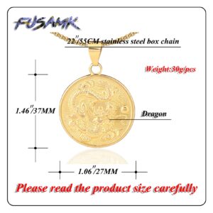 Fusamk Hip Hop 18K Alloy Dragon Round Tag Pendant Coin Necklace(Gold)