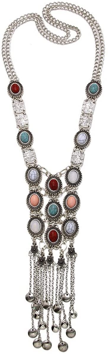 Tpocean Vintage Retro Rhinestone Silver Gold Turquoise Long Boho Bohemian Statement Ethnic Tribal Necklace for Women