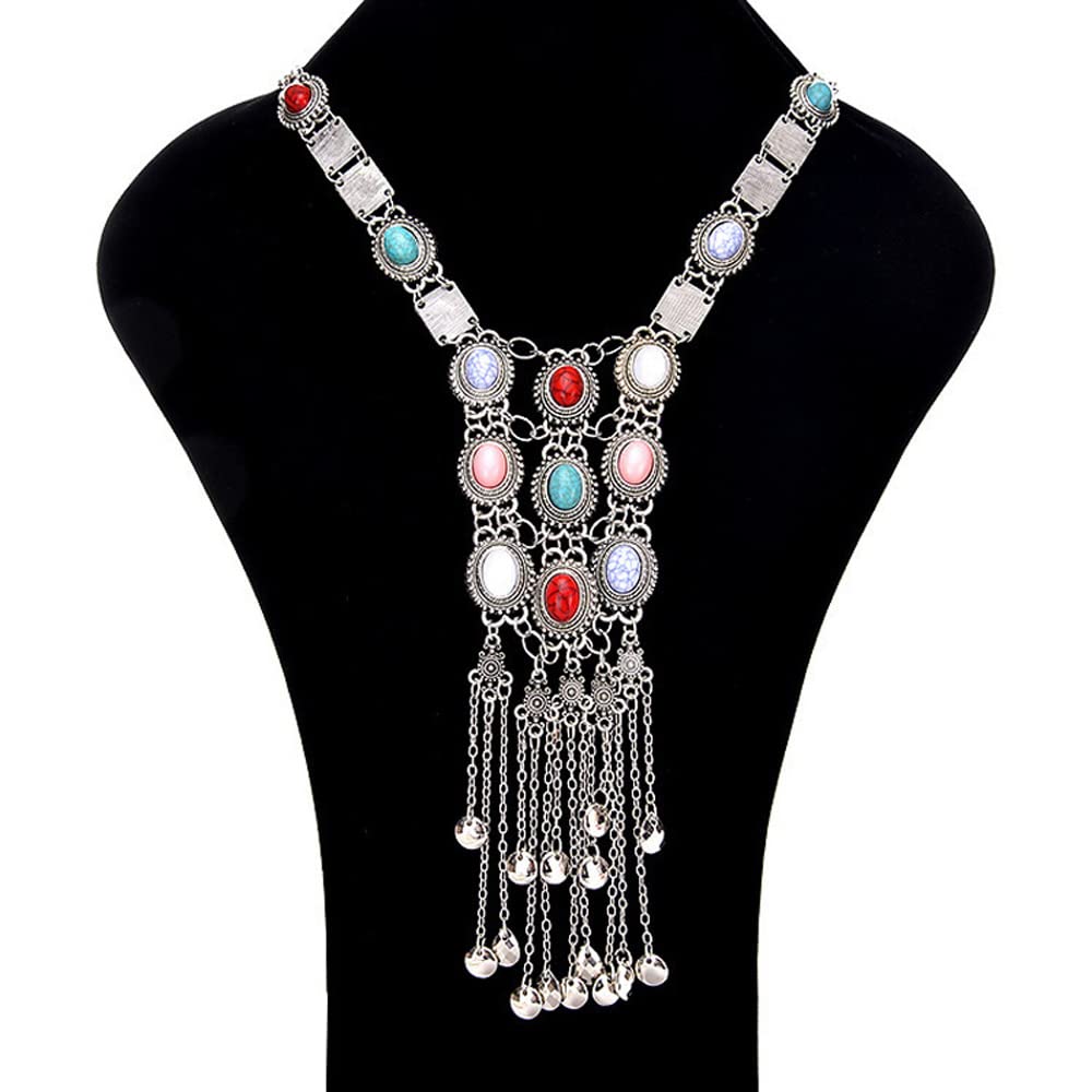 Tpocean Vintage Retro Rhinestone Silver Gold Turquoise Long Boho Bohemian Statement Ethnic Tribal Necklace for Women