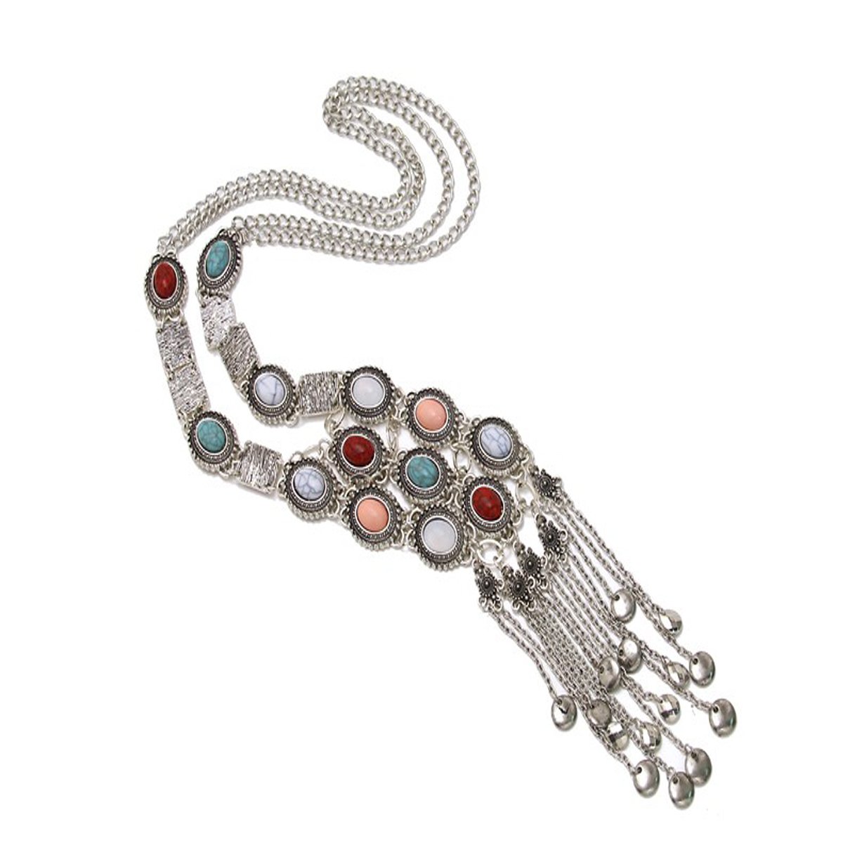 Tpocean Vintage Retro Rhinestone Silver Gold Turquoise Long Boho Bohemian Statement Ethnic Tribal Necklace for Women