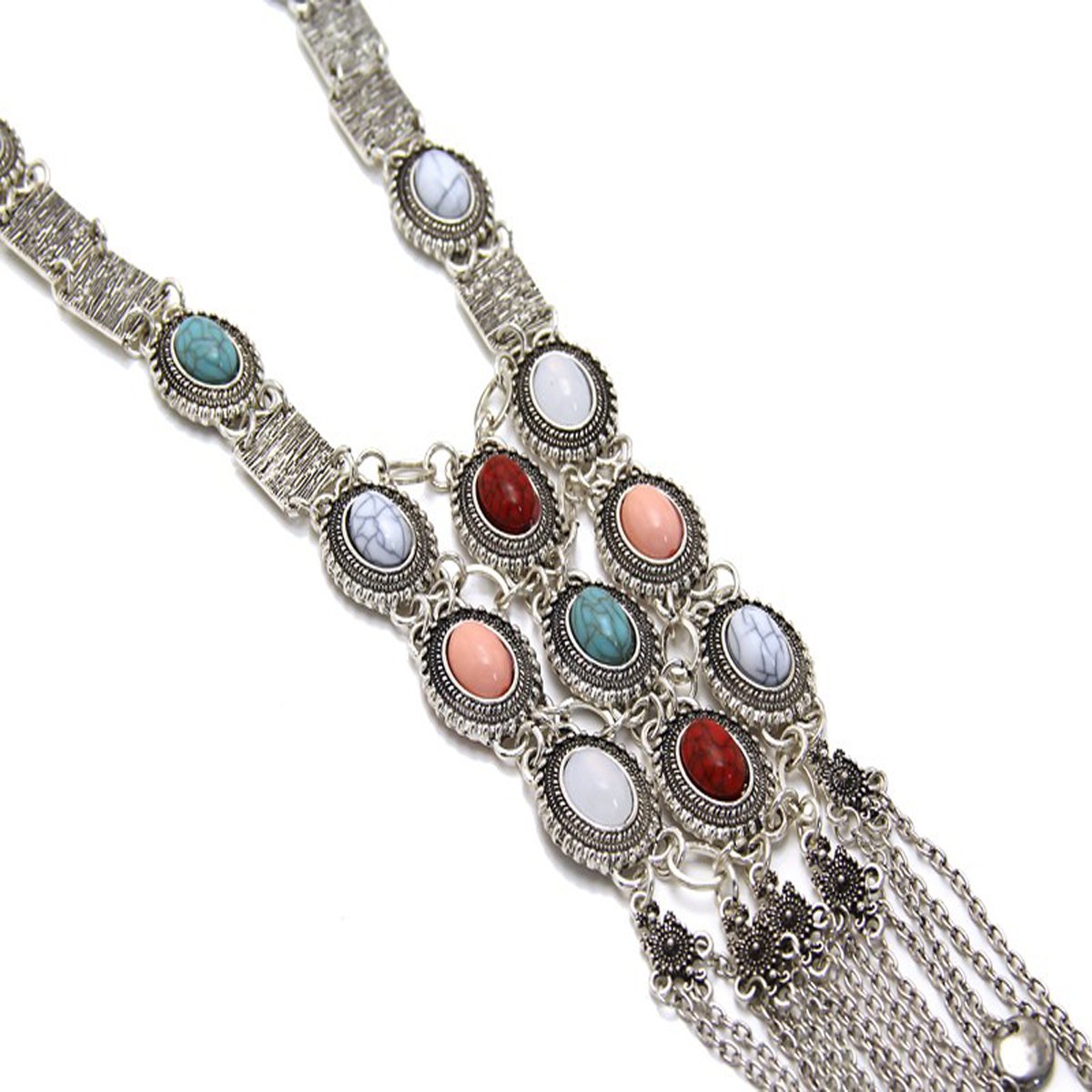 Tpocean Vintage Retro Rhinestone Silver Gold Turquoise Long Boho Bohemian Statement Ethnic Tribal Necklace for Women