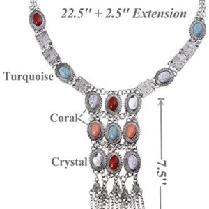 Tpocean Vintage Retro Rhinestone Silver Gold Turquoise Long Boho Bohemian Statement Ethnic Tribal Necklace for Women