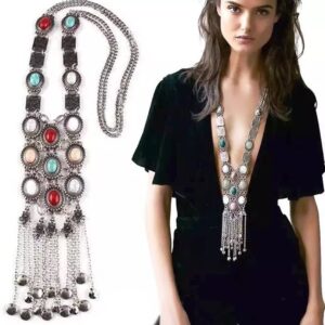 Tpocean Vintage Retro Rhinestone Silver Gold Turquoise Long Boho Bohemian Statement Ethnic Tribal Necklace for Women